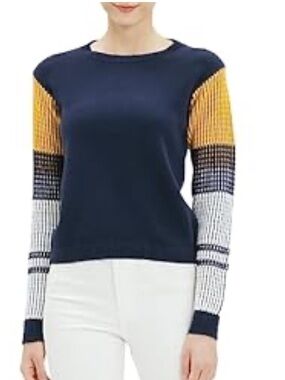Cable Stitch Colorblock Sweater L Navy Mustard White Cotton Knit